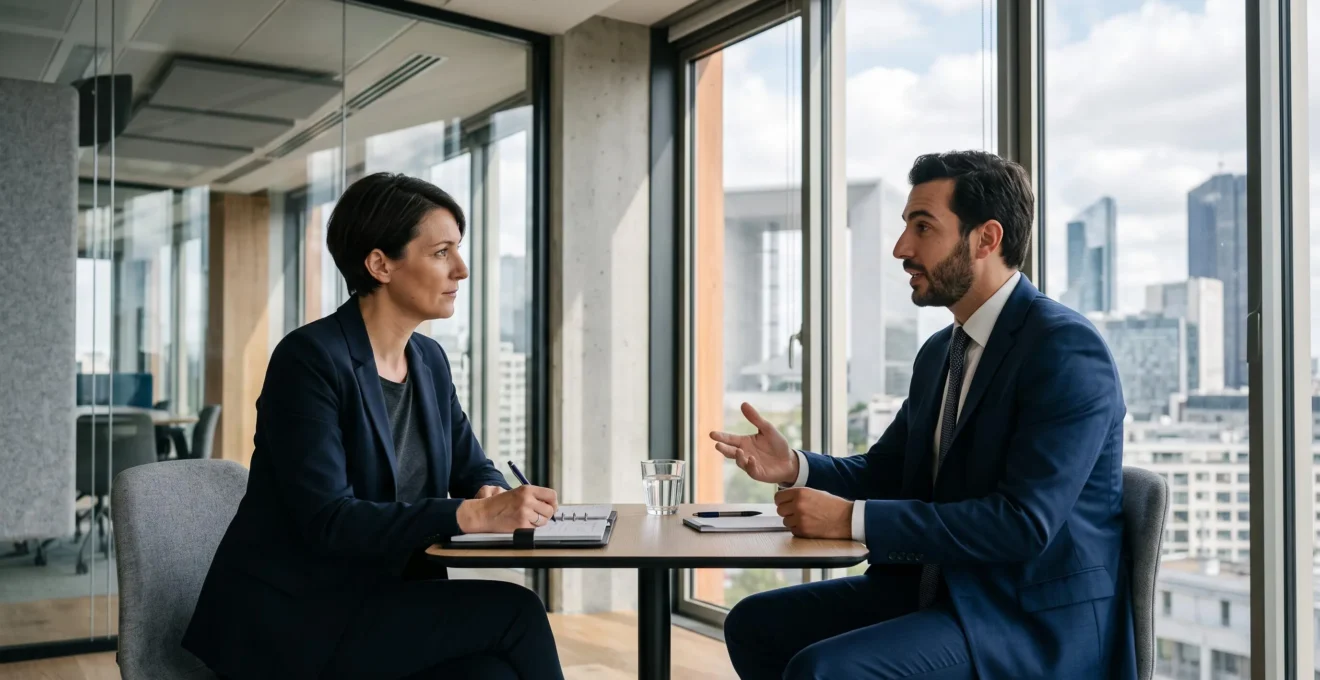 Une consultante en recrutement mène un entretien personnalisé avec un candidat dans un bureau parisien avec vue sur un quartier d'affaires.