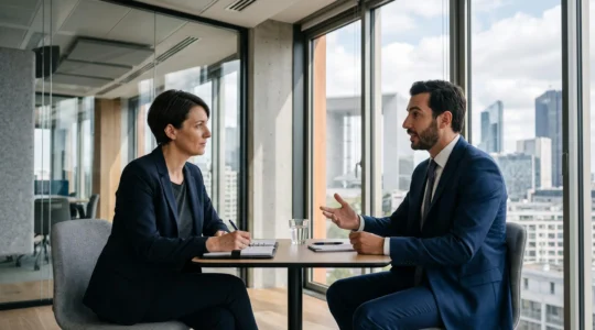 Une consultante en recrutement mène un entretien personnalisé avec un candidat dans un bureau parisien avec vue sur un quartier d'affaires.